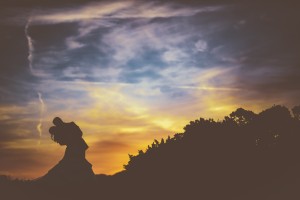 Bride and groom silhouette at sunset
